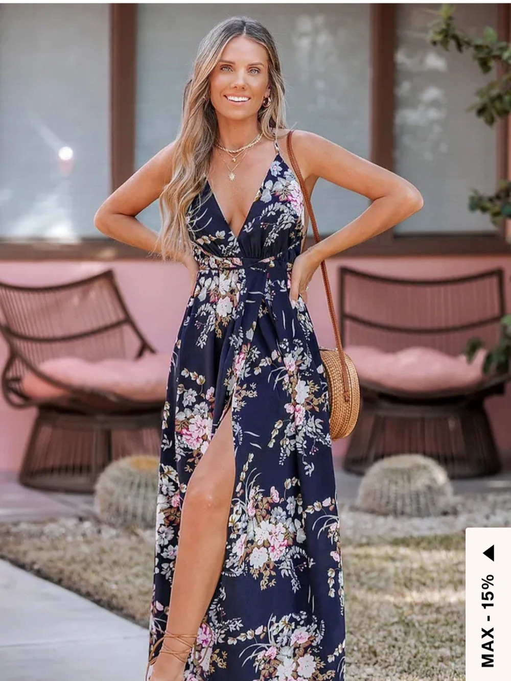 Cupshe Navy Floral Spaghetti-Strap Maxi Dress with Slit